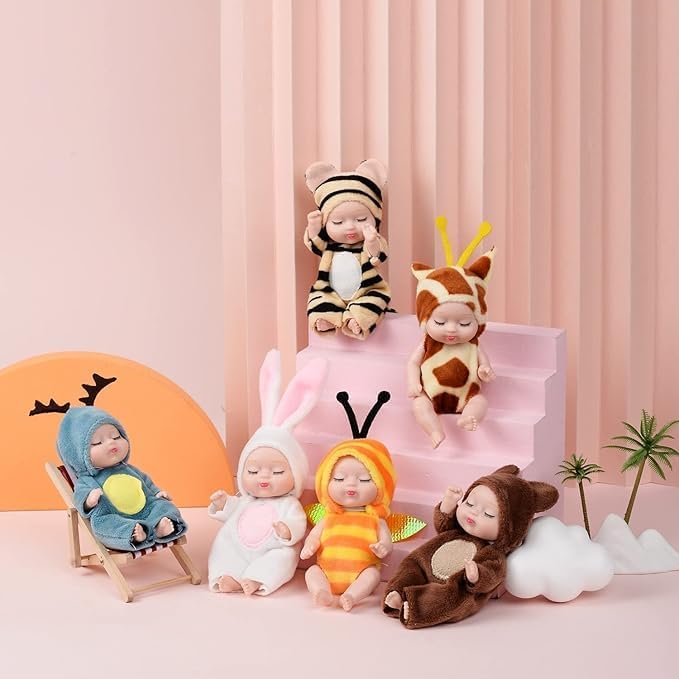 ST ZONE Reborn Baby Dolls 6-Piece Mini Doll Set for Children Realistic PVC Material Kids Toy with Cute Clothes and Hats Perfect for Young Boys and Girls - Image 1